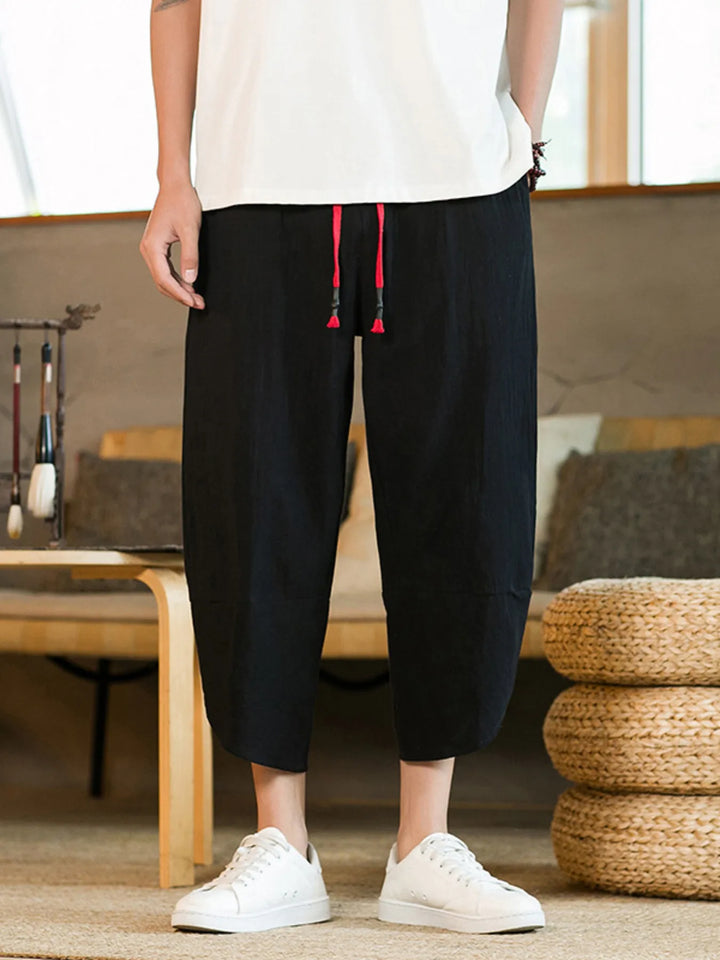 Men's Plus Size Casual Linen Cropped Pants with Drawstring