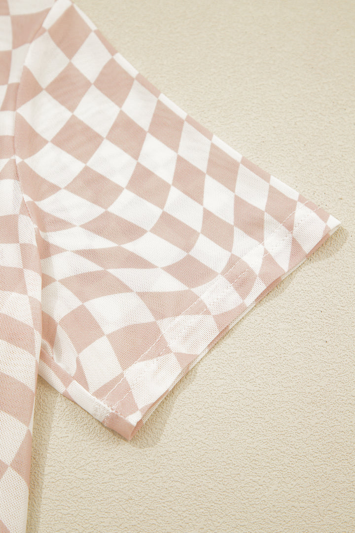 Khaki Checkered Print Mock Neck Mesh T Shirt