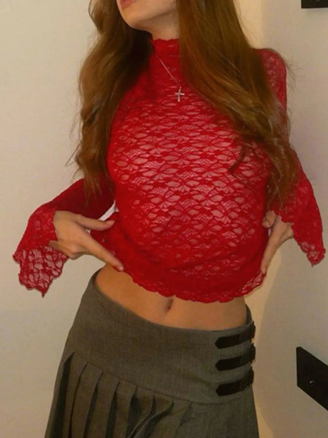 Mock Neck Lace Long Sleeve Mesh T-Shirt