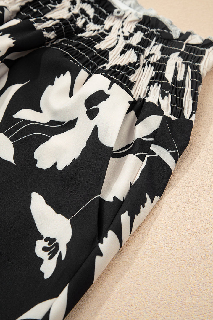 Black Floral Print Smocked High Waist Wide Leg Pants