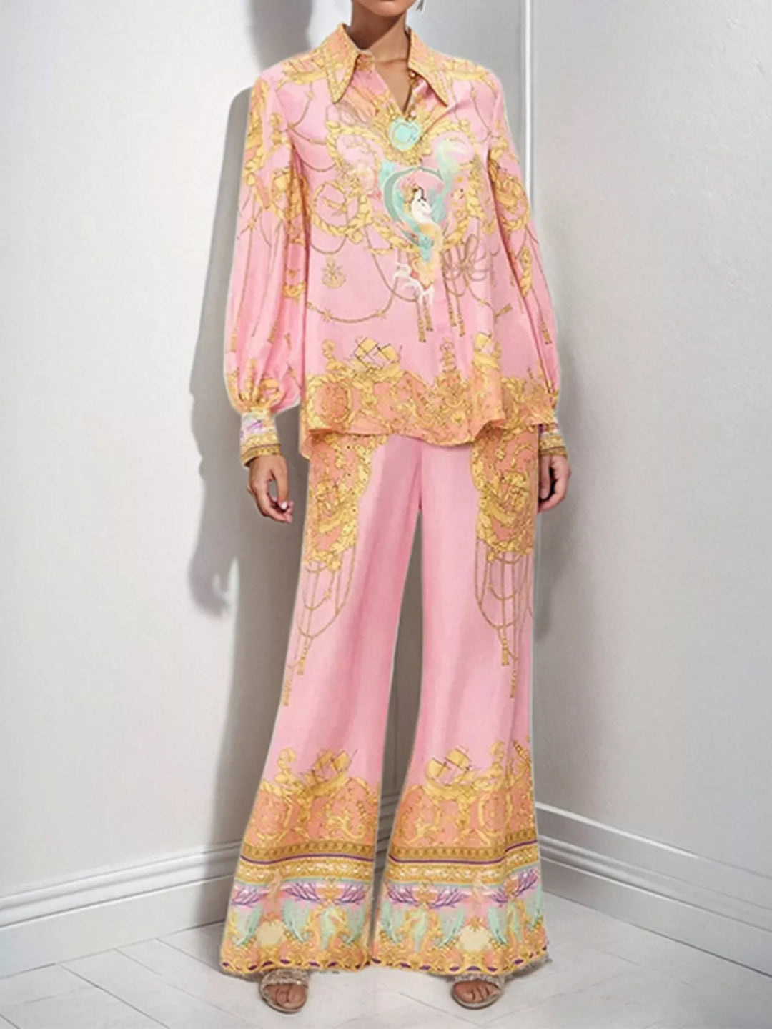 Printed Lantern Sleeve Top and Pants Set