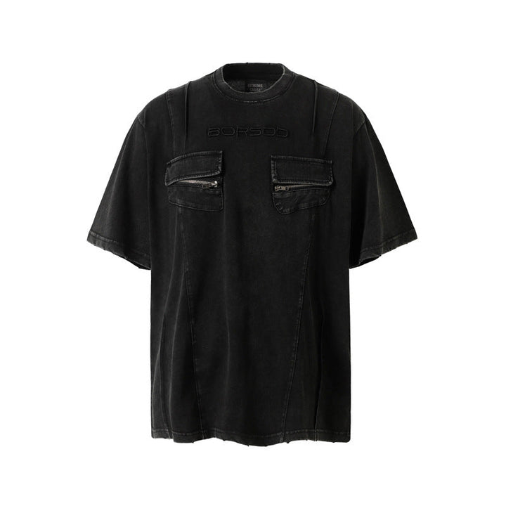 High Street Retro Workwear Zipper Pocket Decoration Washed Distressed Short Sleeve