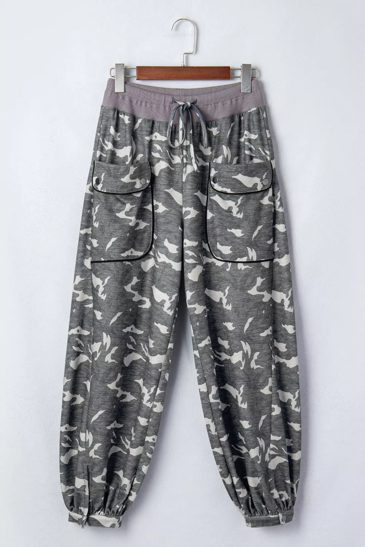 Multicolour Drawstring Contrast Waistband Camouflage Cargo Barrel Pants