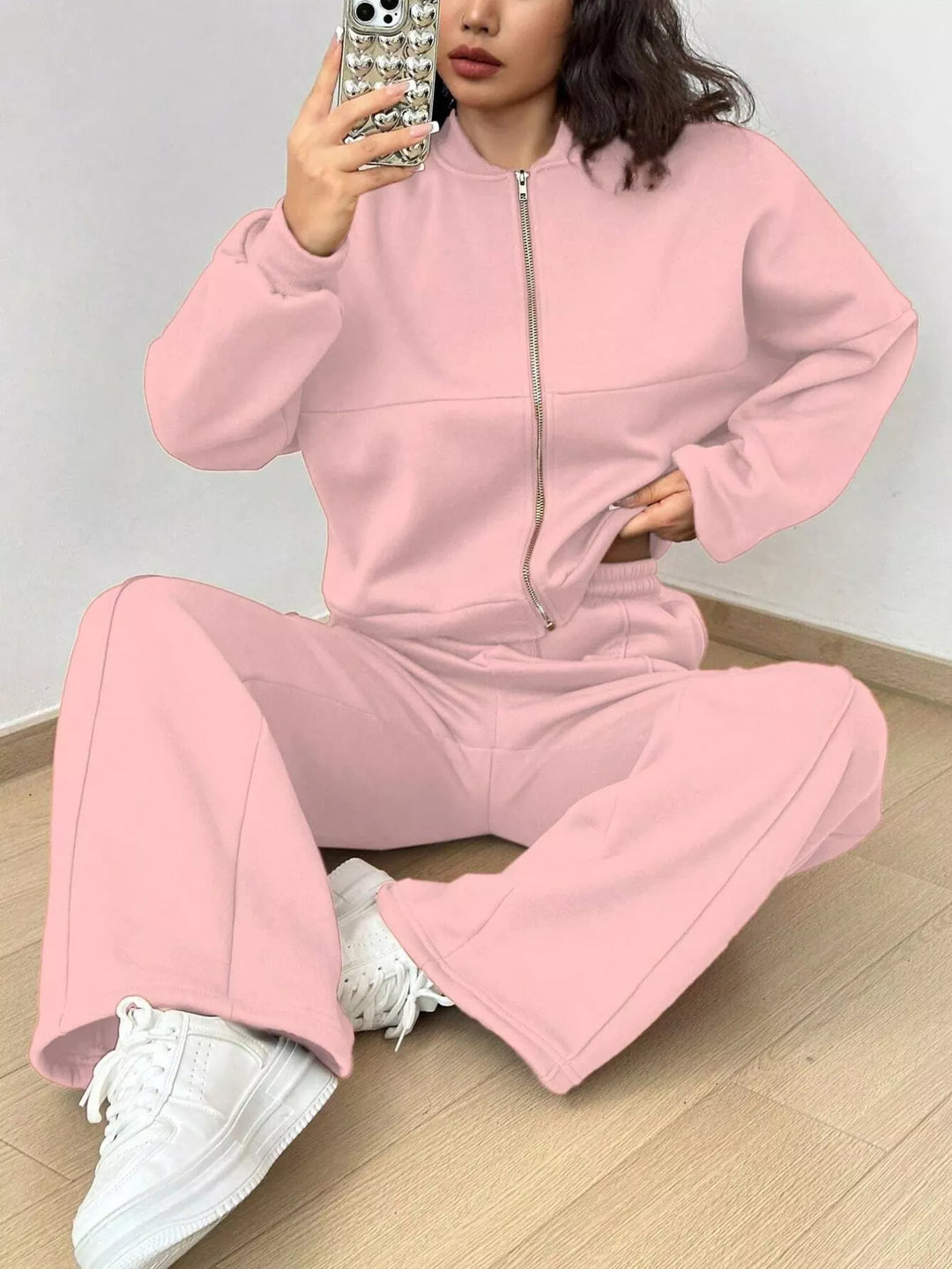 Casual Solid Color Zipper Jacket and Wide Leg Pants Set