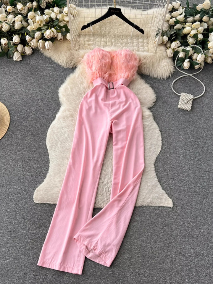 Feather Trim Strapless Wide Leg Jumpsuit