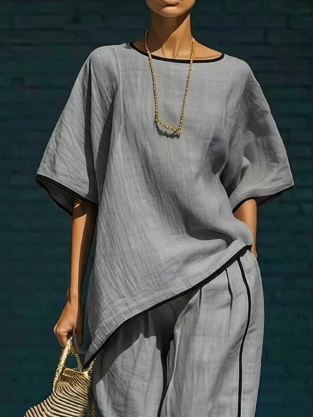 Contrast Trim Round Neck Top and Pants Set