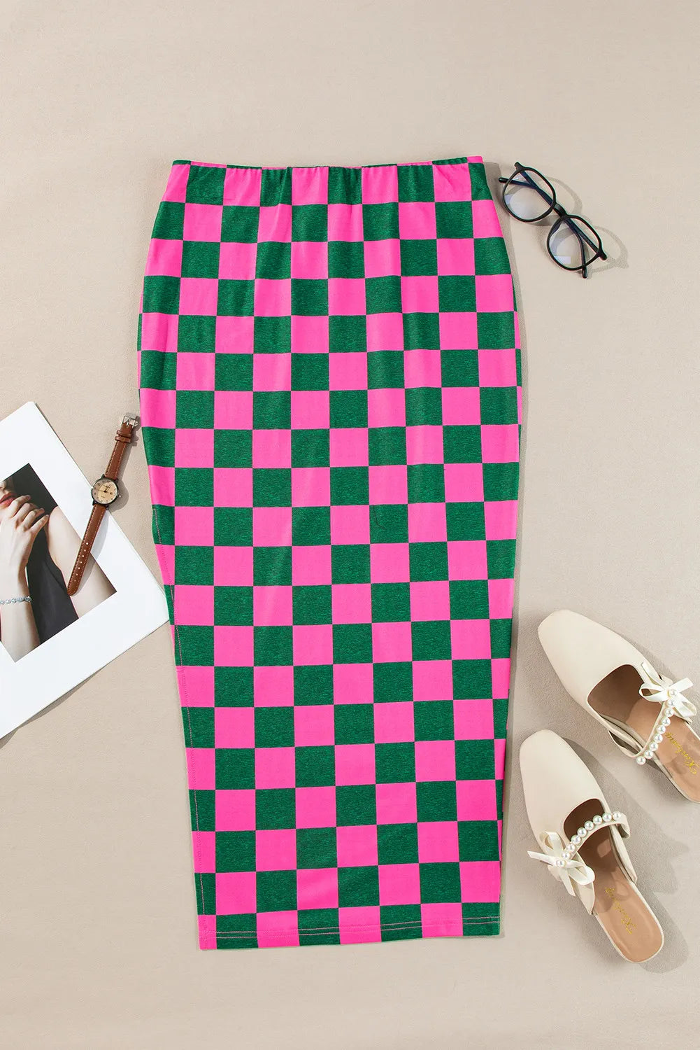 FASHION JUNKY Split Checkered Midi Skirt