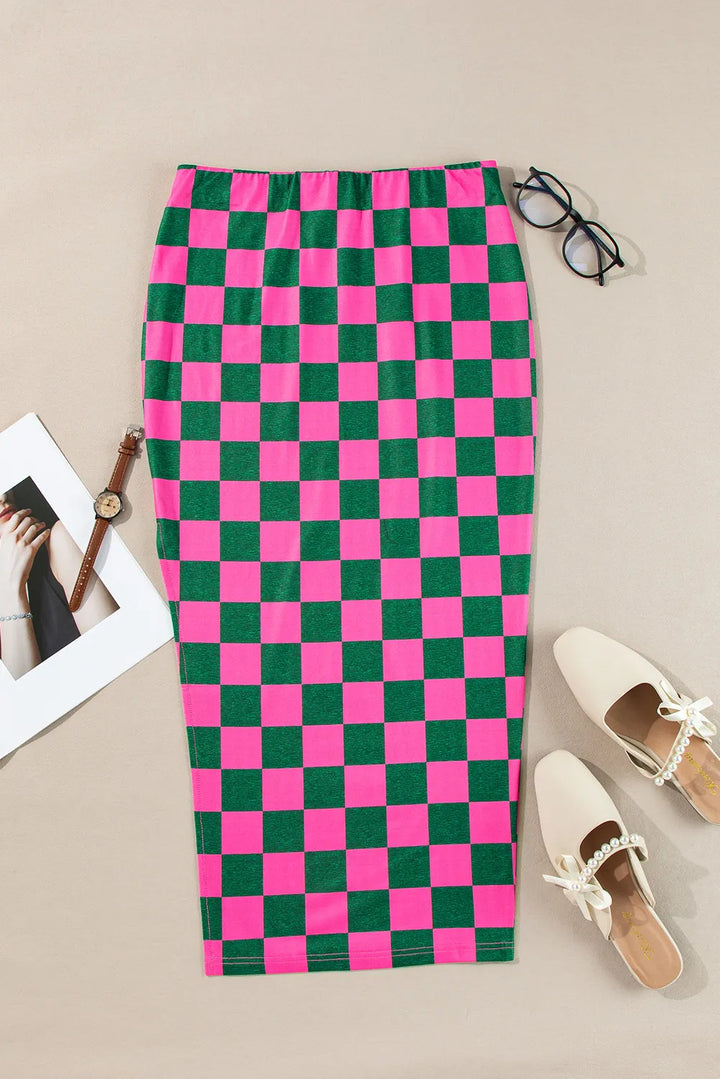 FASHION JUNKY Split Checkered Midi Skirt