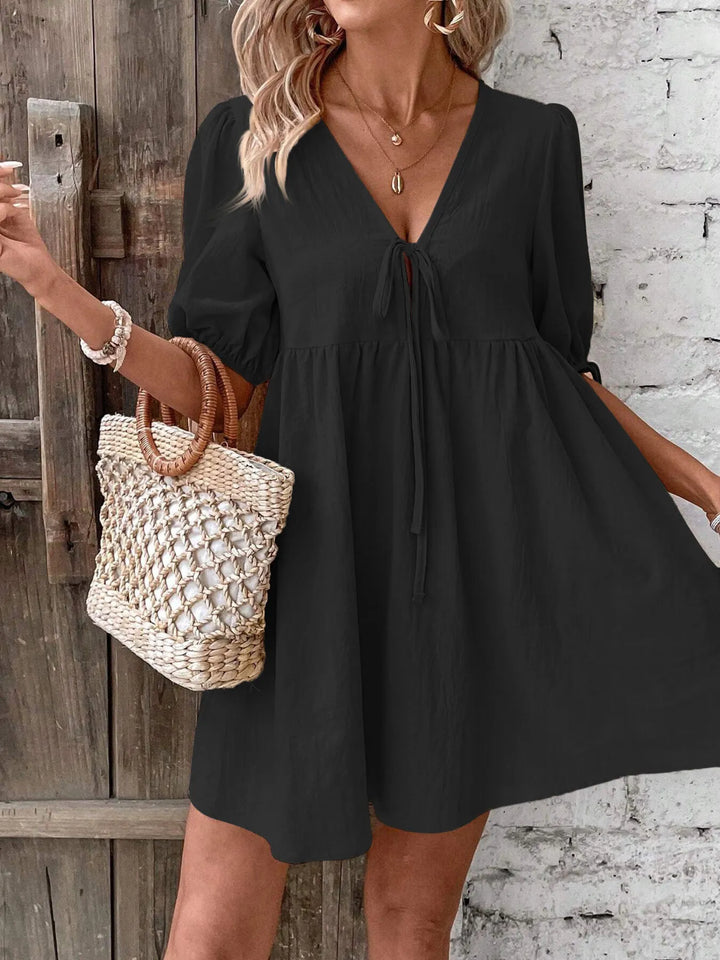 V-Neck Tie-Front Mini Dress with Puff Sleeves