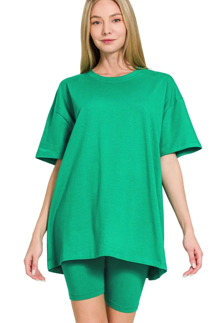 Zenana Cotton Round Neck Top & Biker Shorts