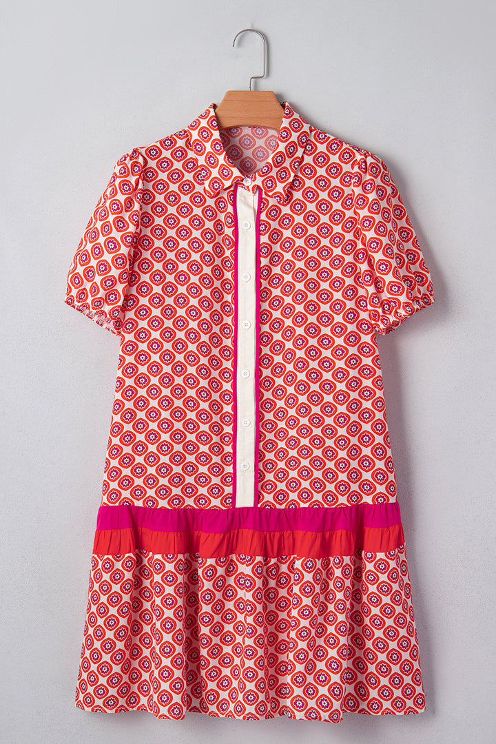 Orange Geometric Floral Print Color Block Trim Button Front Ruffle Hem Dress