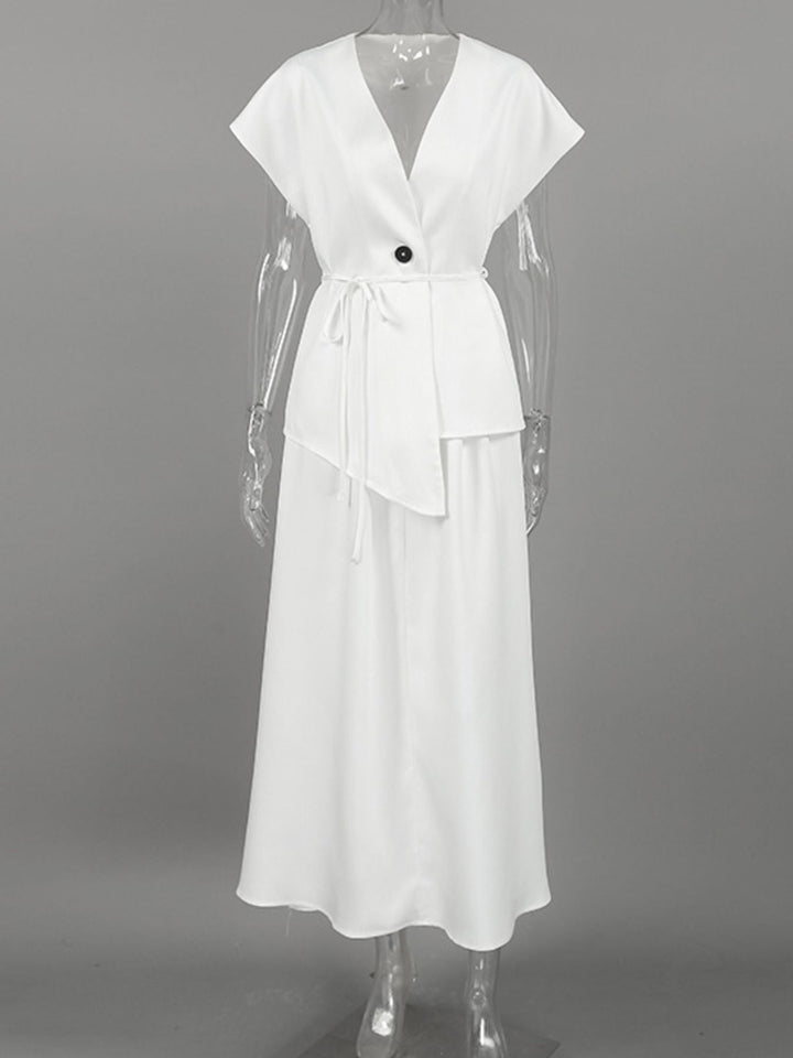 One Button Short Sleeve Top and Skirt Set