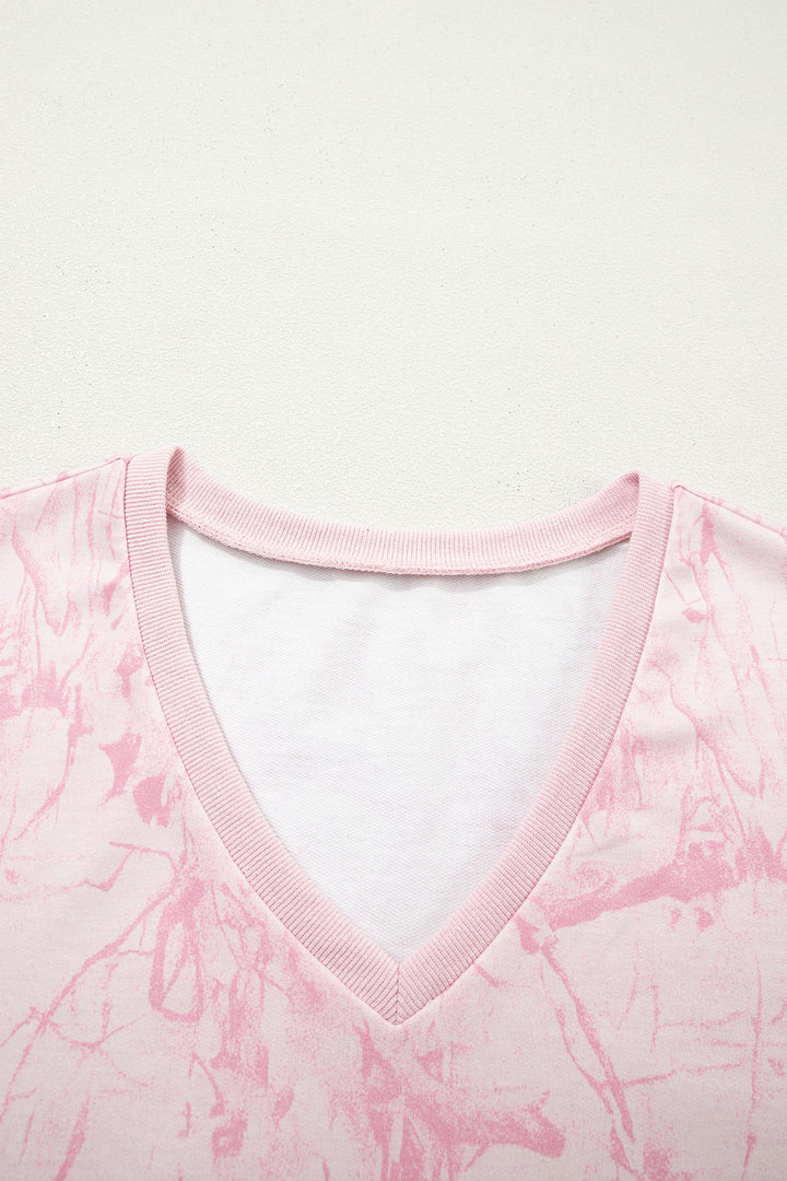 Pink Abstract Print V Neck Loose Tee Drawstring Shorts 2pcs Outfit