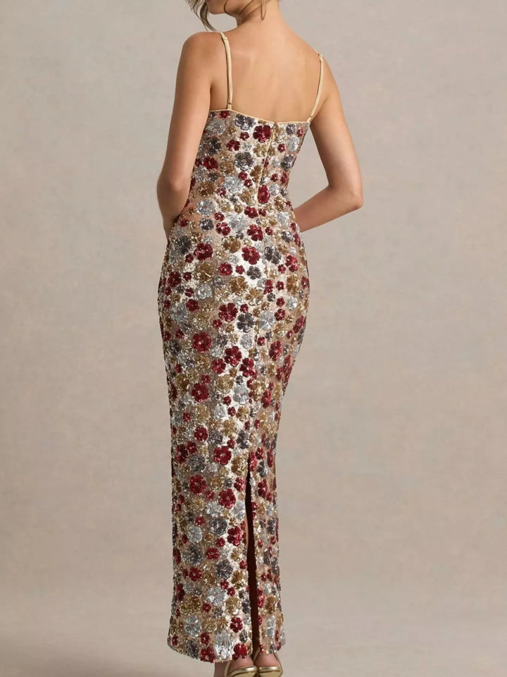 Slit Floral Sequin Bodycon Maxi Dress