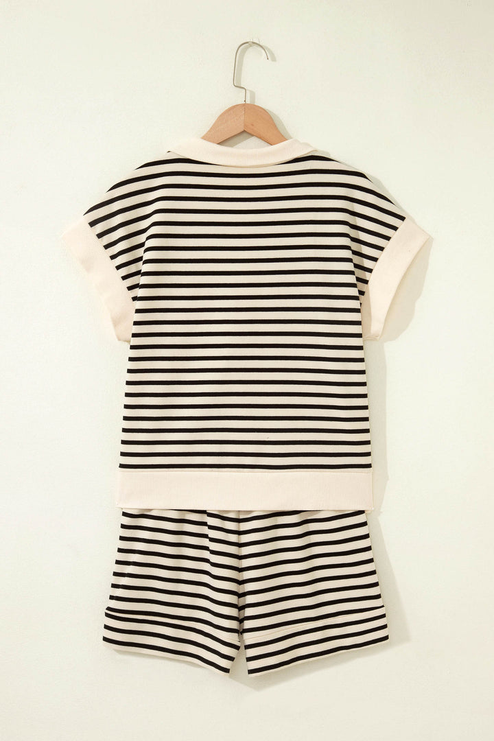 Black Stripe Ribbed Color Block Trim Zip Polo Tee Drawstring Shorts 2pcs Outfit