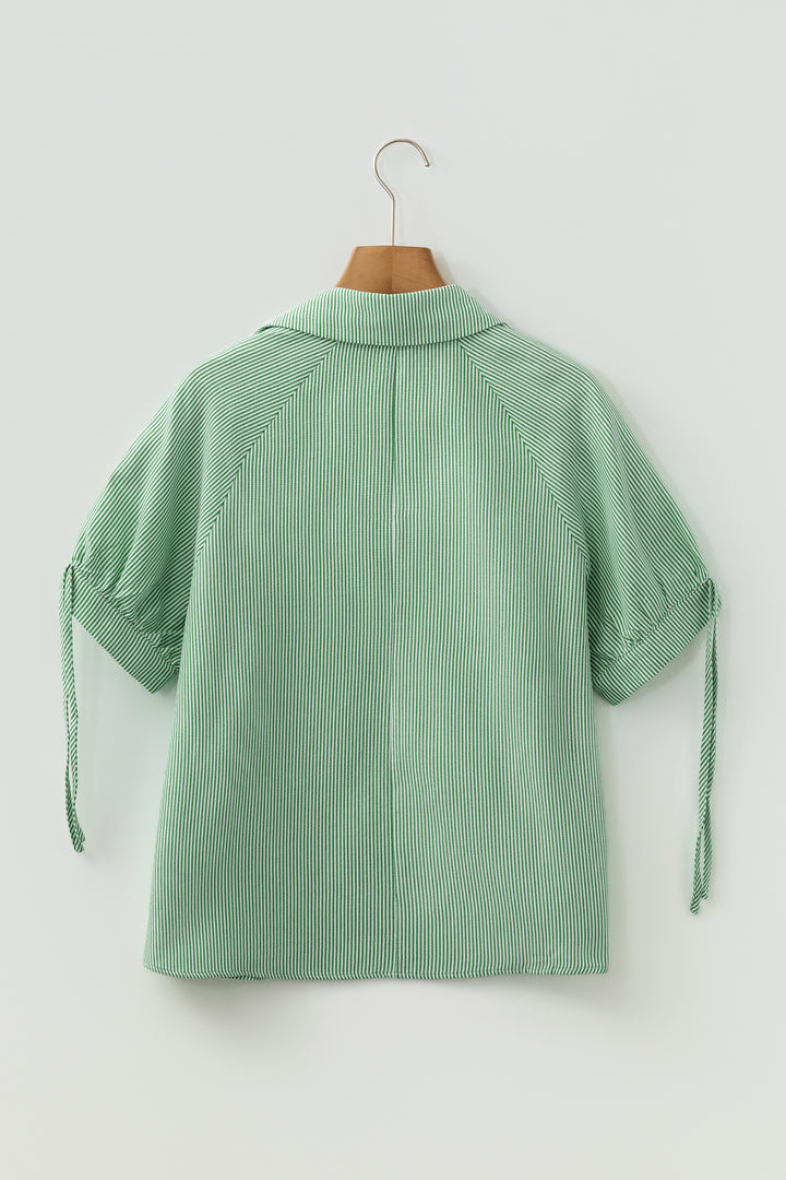 Mint Green Striped Print Collared Split Neck Half Sleeve Blouse