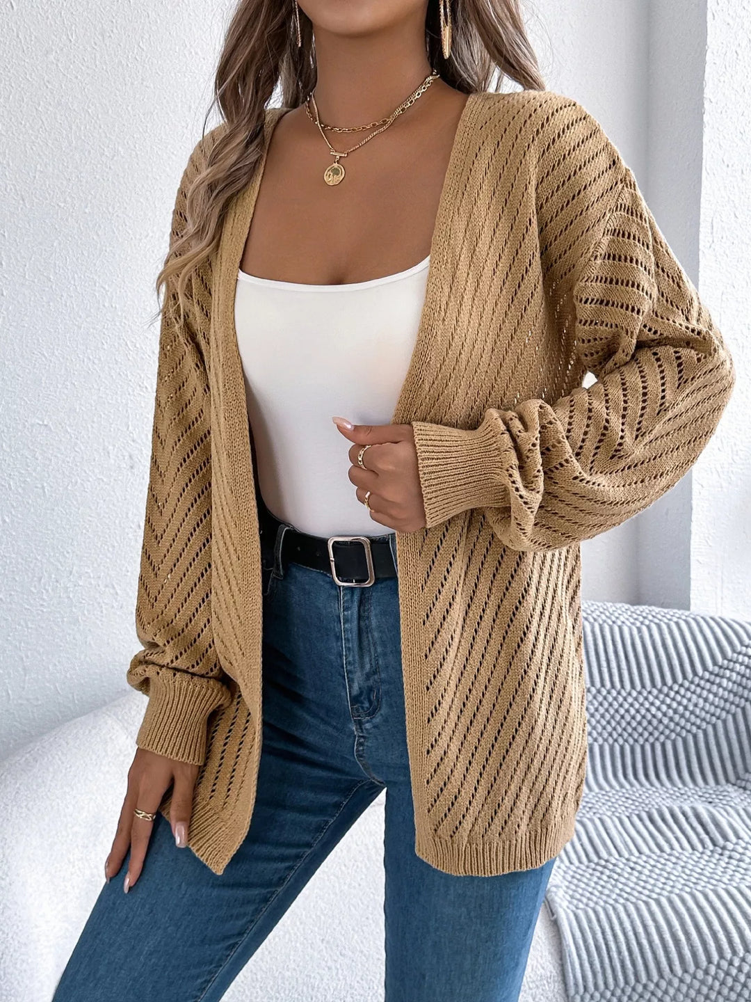 Openwork Open-Front Long Sleeve Cardigan
