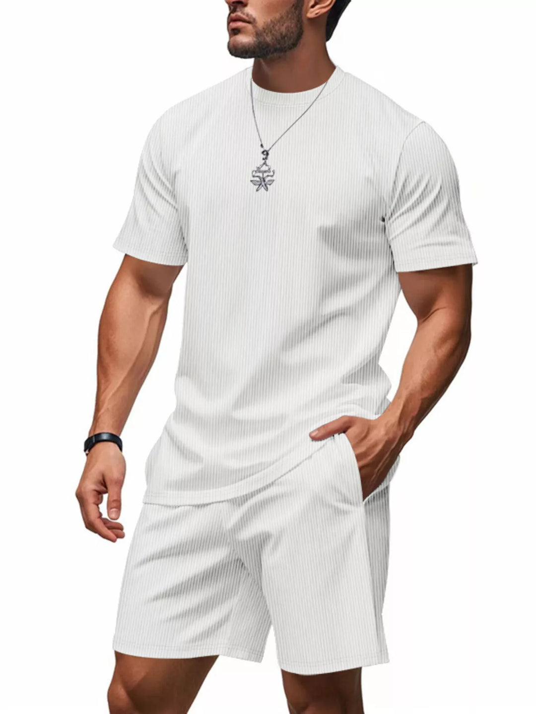 Men's Full Size Casual Striped Top and Shorts Set Plus Size