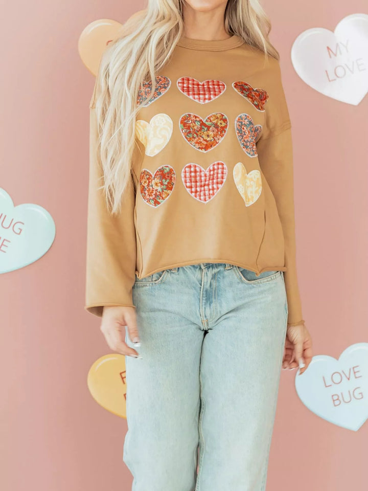 Plaid Floral Heart Stitched Exposed Seam Mineral Wash Sweatshirt