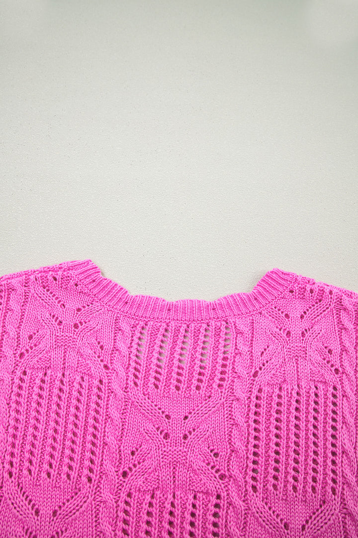 Bonbon Pointelle Knit Patterned Scalloped Trim Short Sleeve Sweater