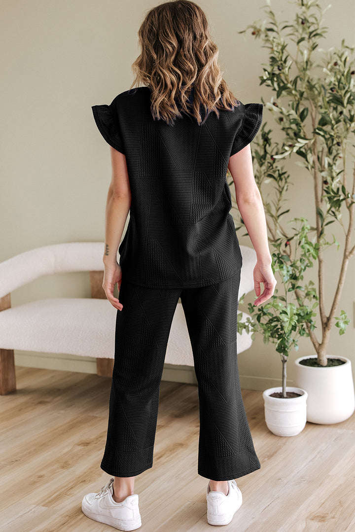 Black Ruffled Sleeve Summer Top and Cropped Loose Pants Set