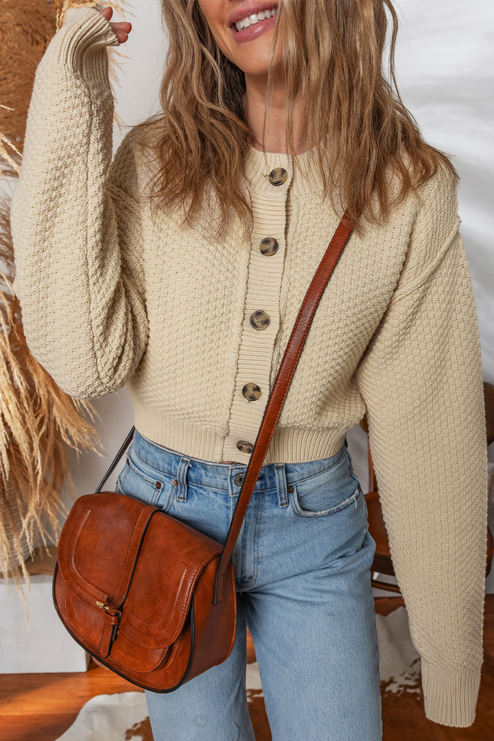 Beige Button Front Cropped Cardigan Sweater