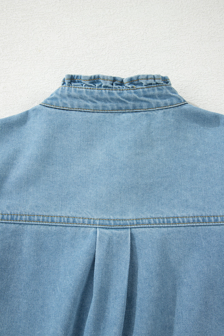 Myosotis Frilled Detail Button Down Ruffle Short Sleeve Denim Mini Dress