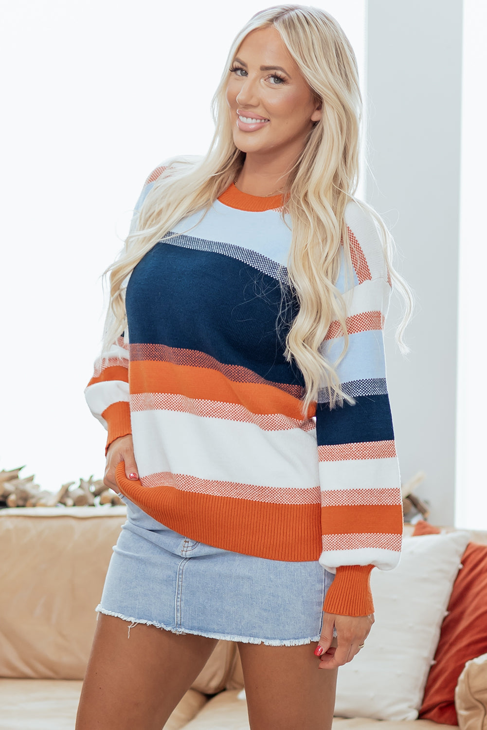 Dark Blue Color Block Round Neck Tunic Sweater