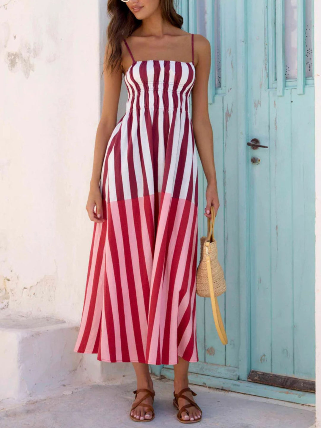 Striped Spaghetti Strap Casual Midi Dress