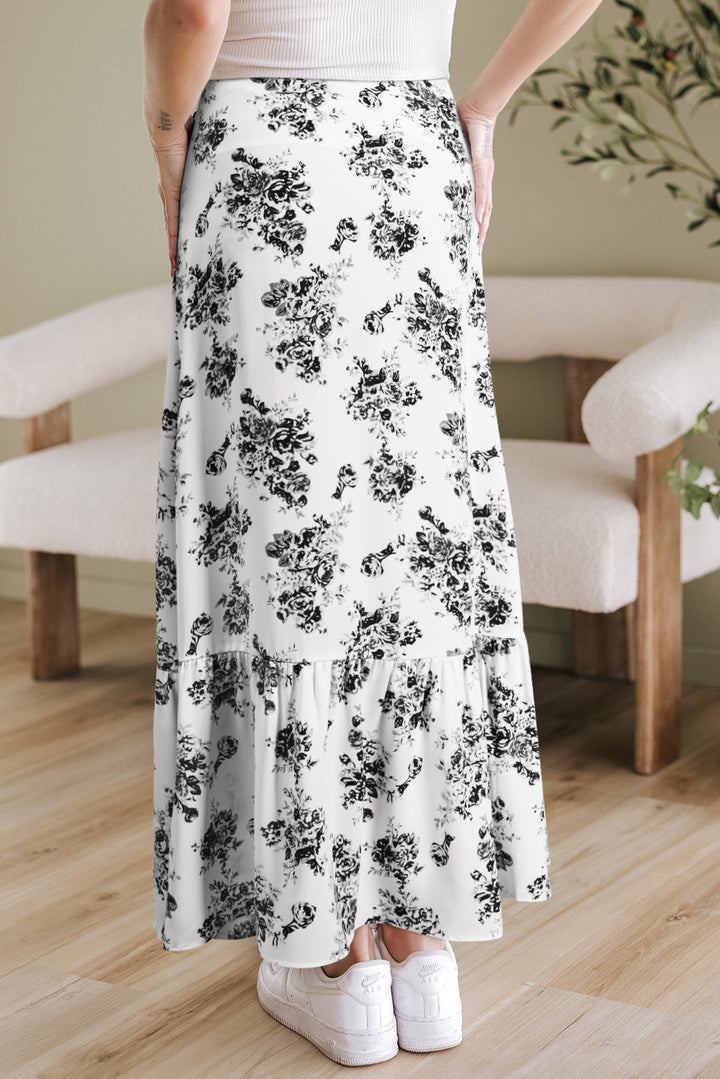 Jupe longue fendue à volants taille haute à fleurs style bohème noir