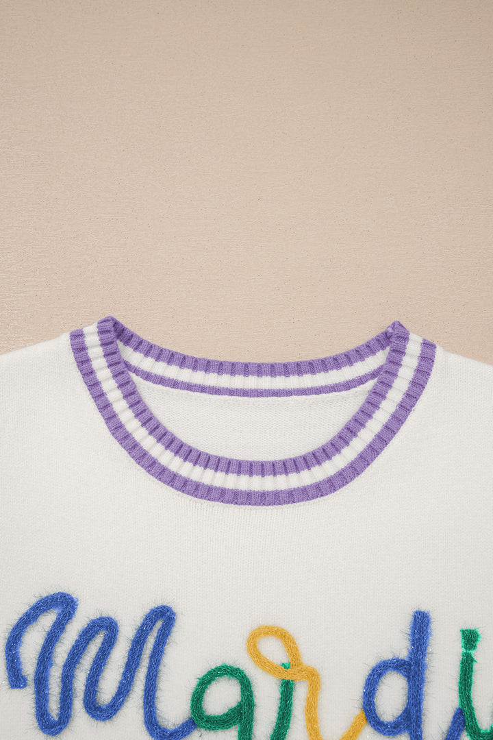 White Mardi Gras Tinsel Letter Graphic Short Sleeve Sweater