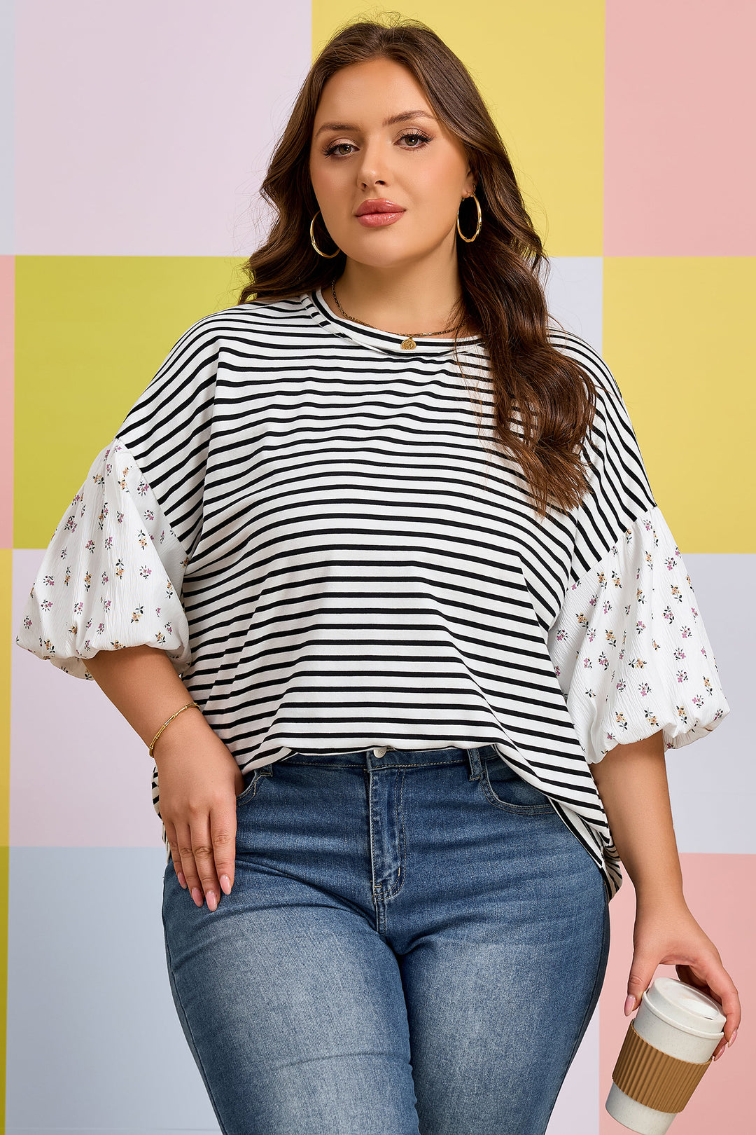Black Stripe Plus Size Striped Short Sleeve Top with Floral Puff Sleeves