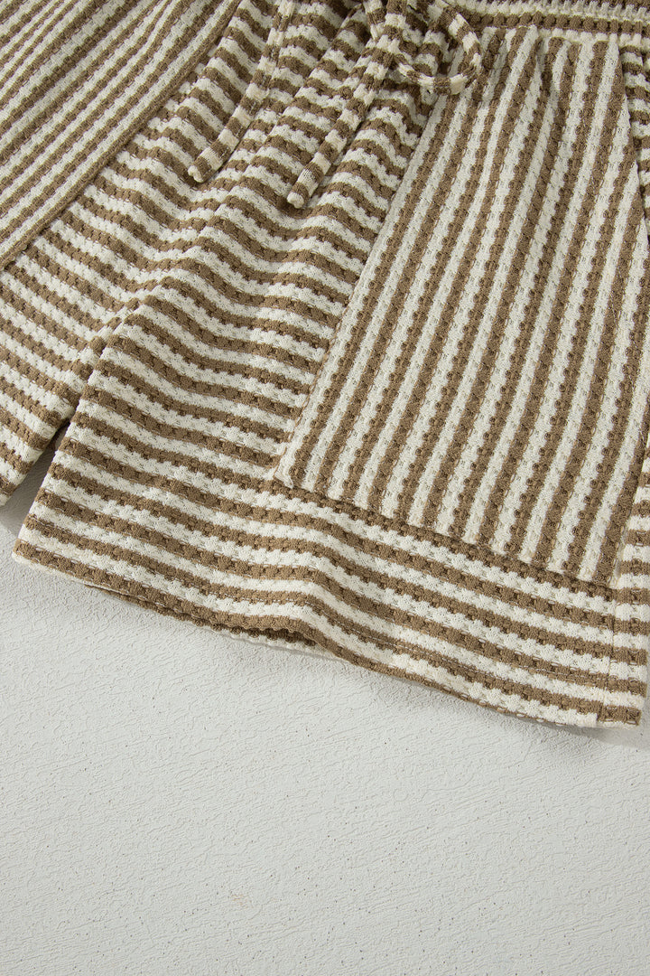 Brown Stripe Breathable Textured Knit Short 2pcs Set