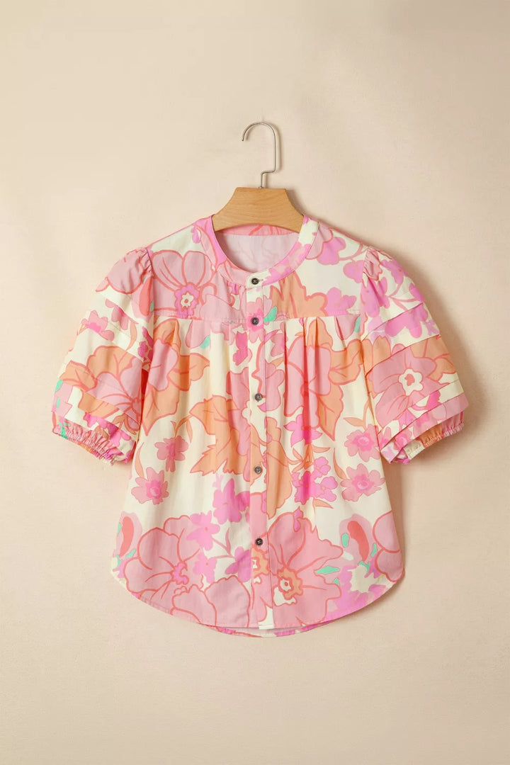 Floral Print Button Down Pintuck Short Sleeve Shirt