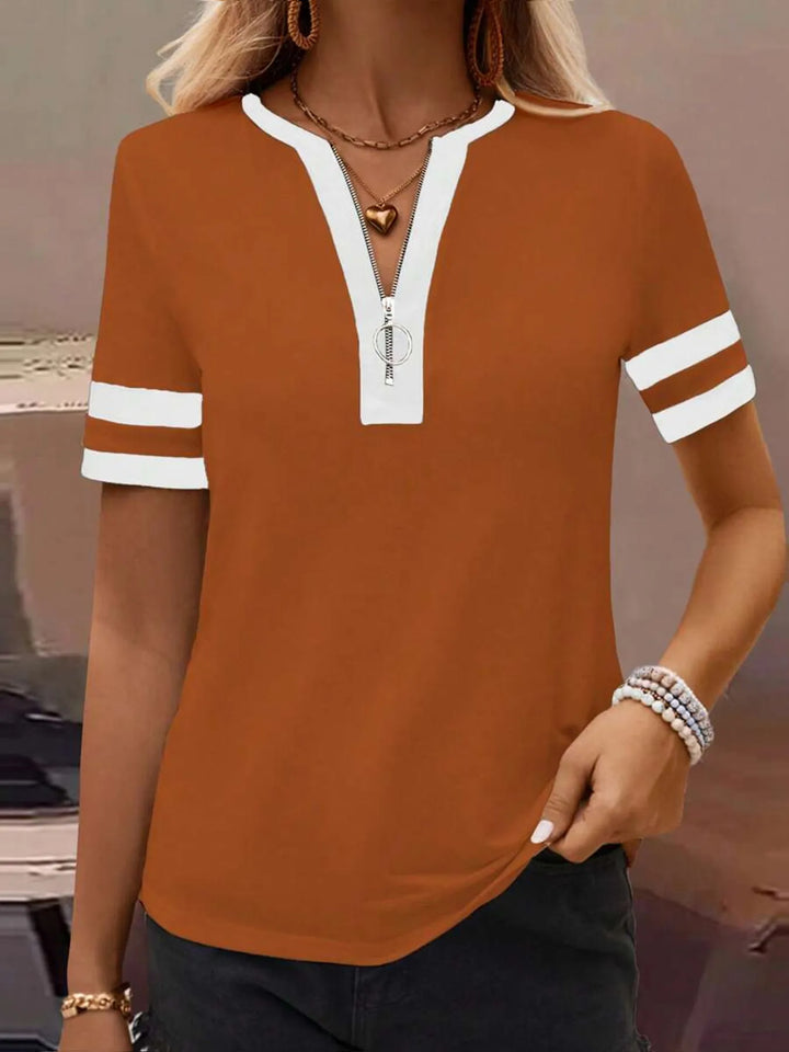 Striped Short Sleeve Half Zip Top