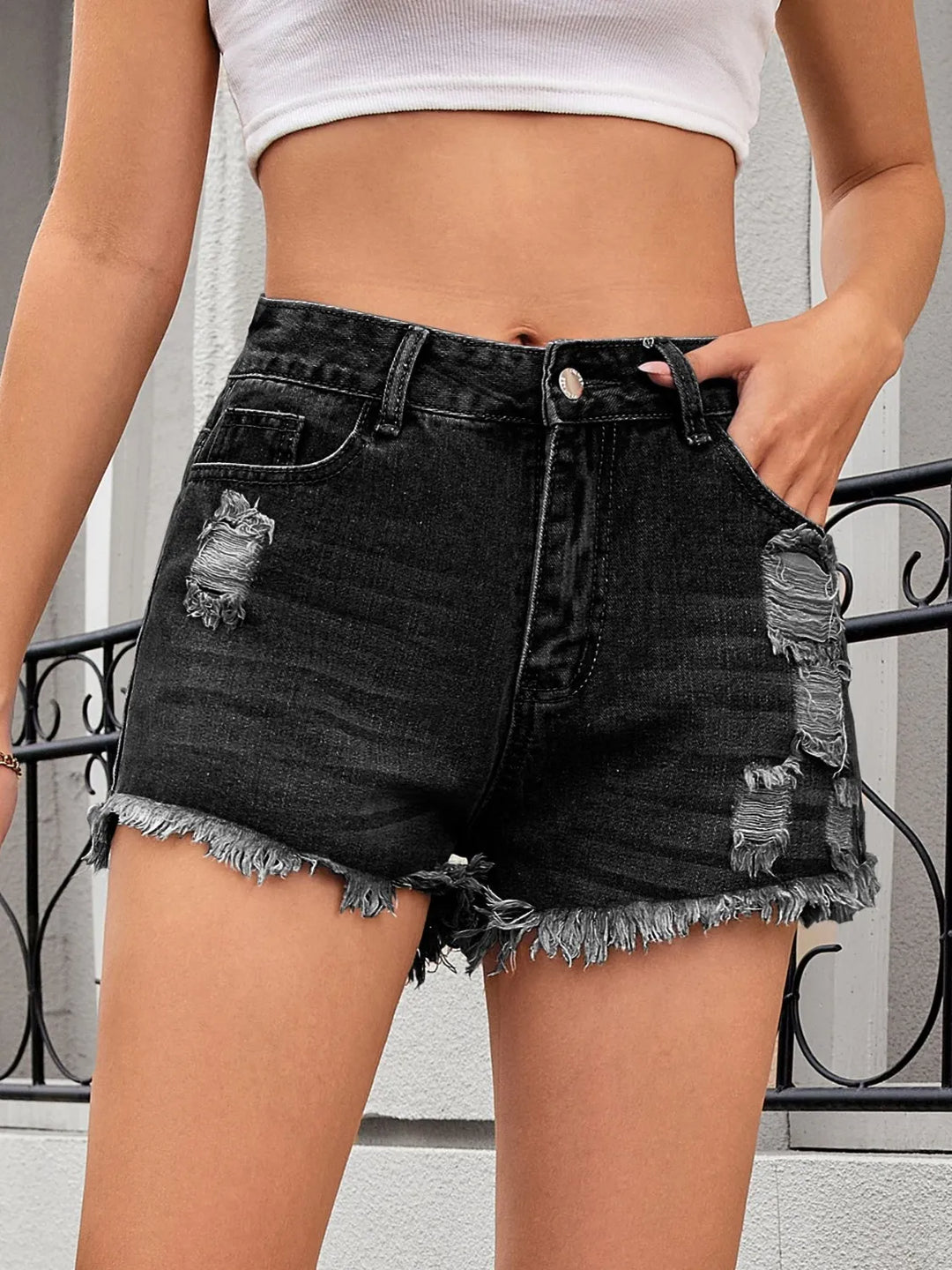 Distressed Raw Hem Denim Shorts
