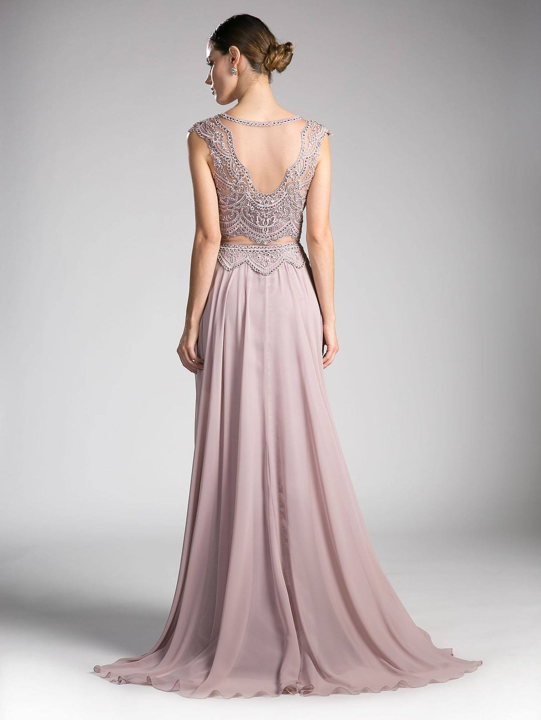 Cinderella Divine CD0113 Illusion Beaded Formal Gown Cap Sleeves
