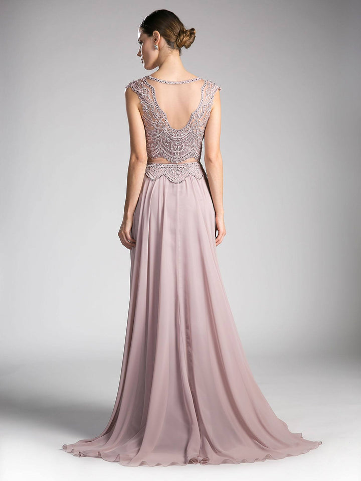 Cinderella Divine CD0113 Illusion Beaded Formal Gown Cap Sleeves