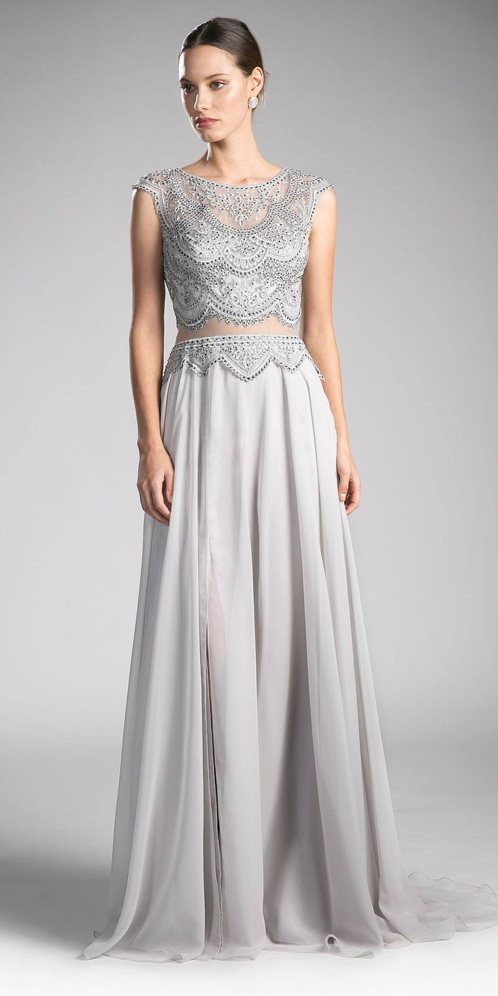 Cinderella Divine CD0113 Illusion Beaded Formal Gown Cap Sleeves