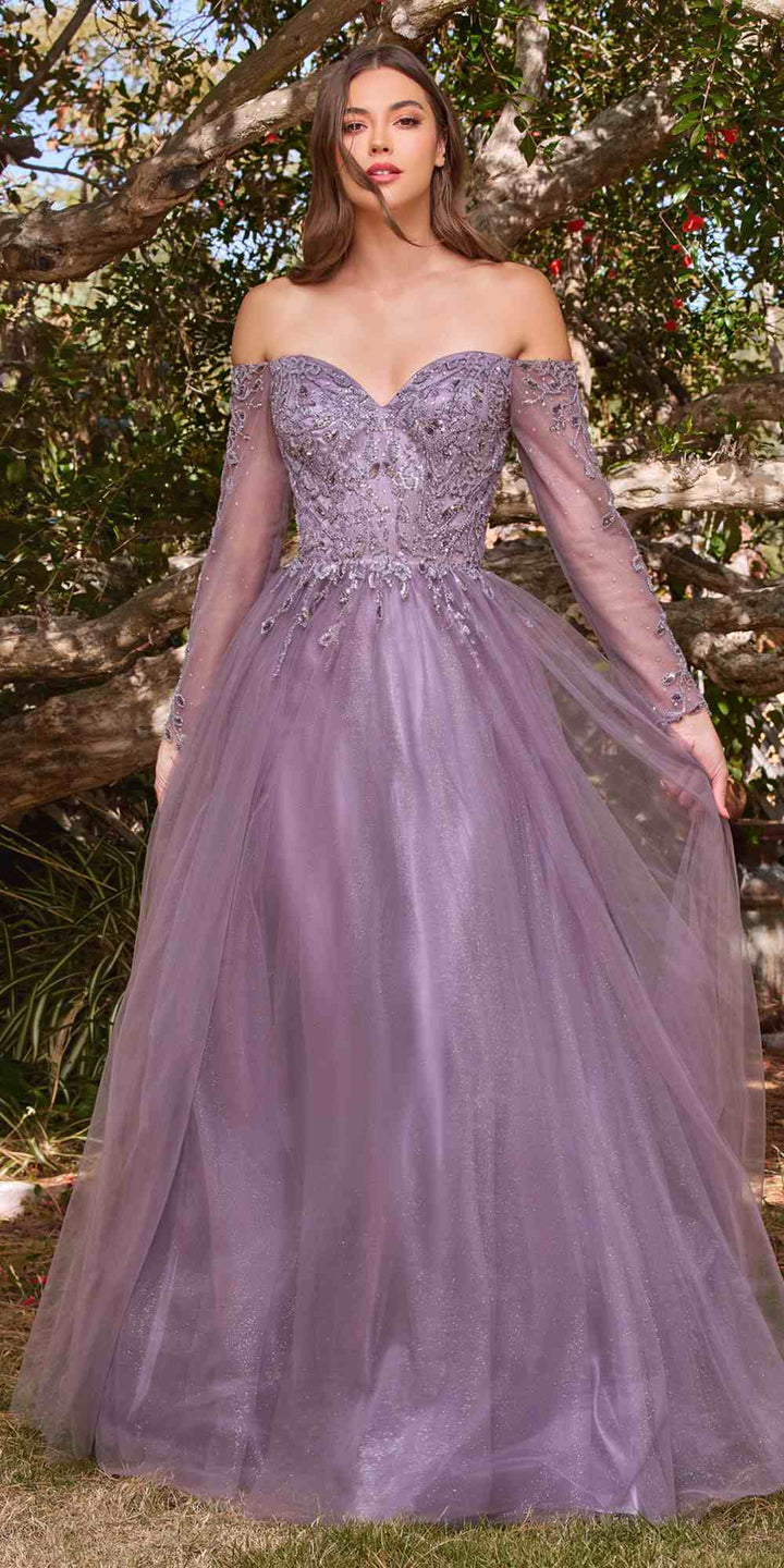 Cinderella Divine CD0172 A-Line Layered Tulle Gown Off The Shoulder Long Sleeve