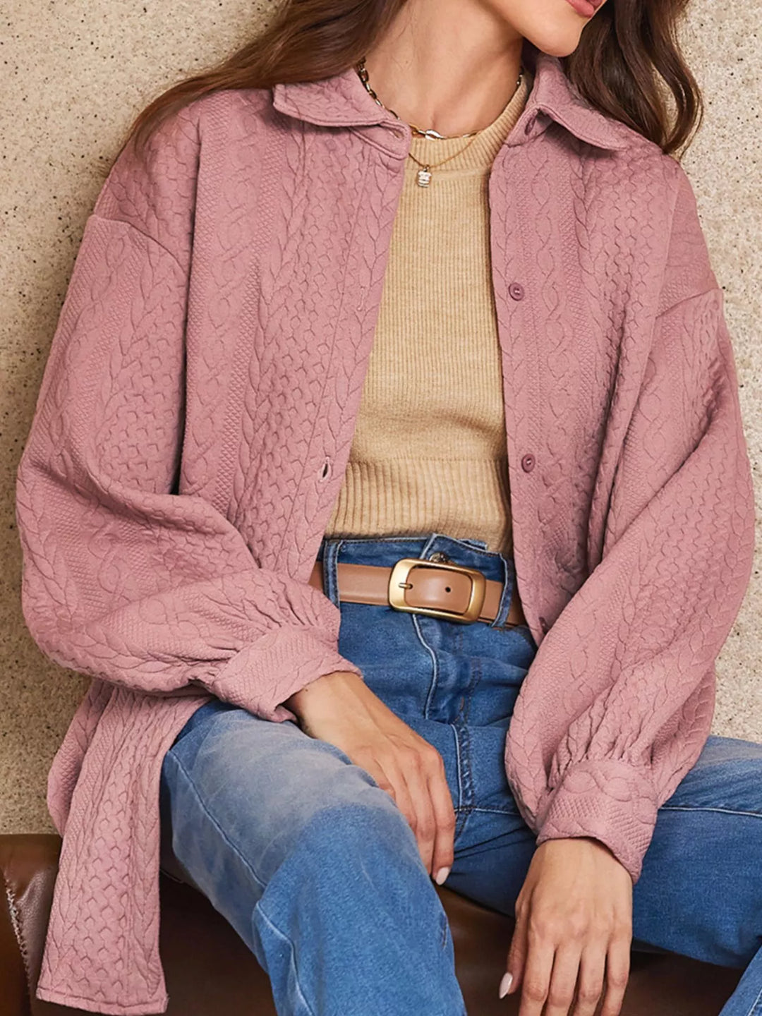 Cable Texture Puff Sleeve Loose Shacket