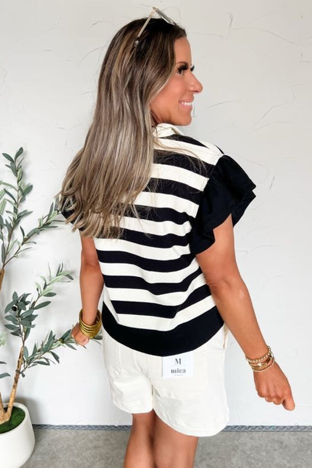Black Stripe Collar V Neck Ruffled Short Sleeve Blouse