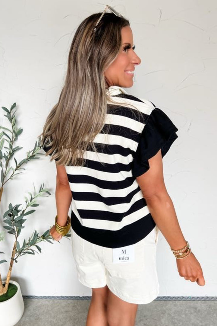 Black Stripe Collar V Neck Ruffled Short Sleeve Blouse