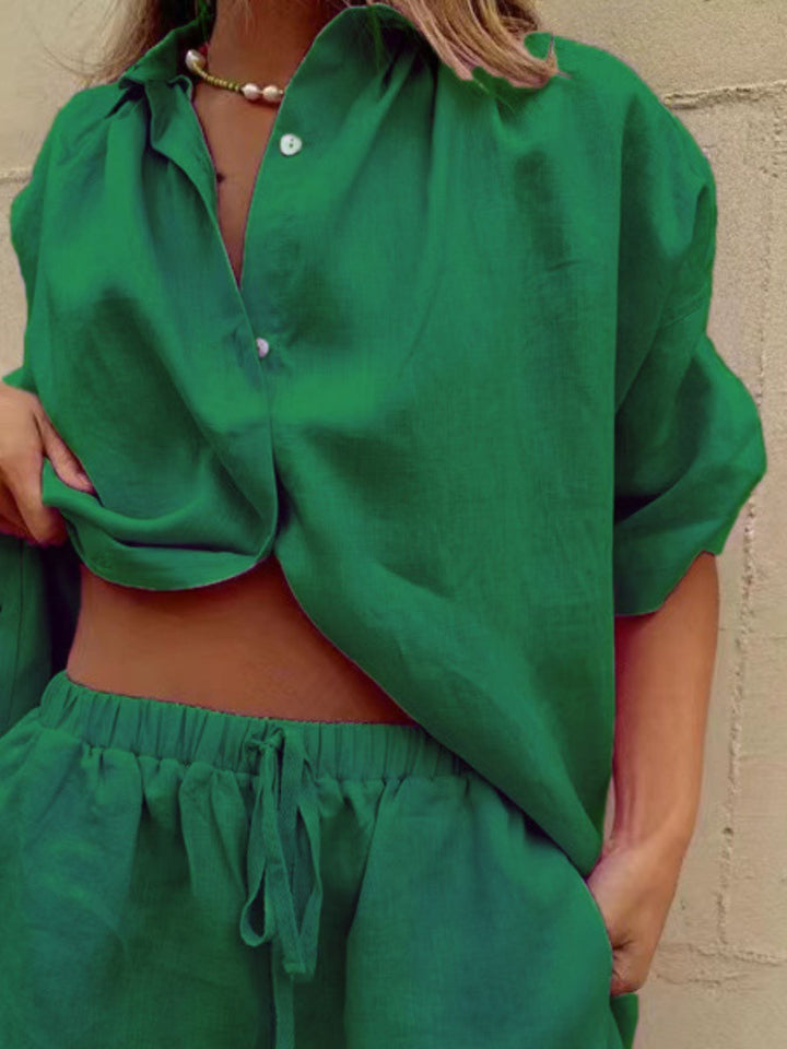 Button Up Shirt and Drawstring Shorts Set