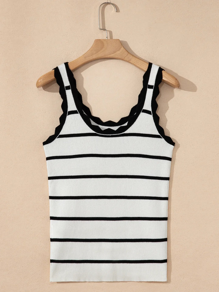 Stripe Scalloped Edge Crew Neck Knit Tank Top
