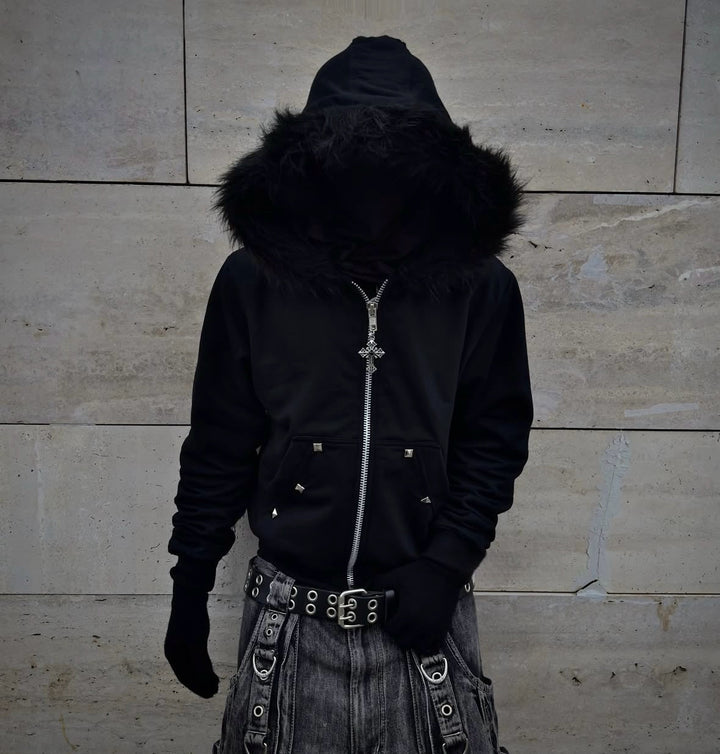 Letter-print Rhinestone-studded Hooded Loose-fit Zip-up Coat For Fallwinter Hip-hop Style
