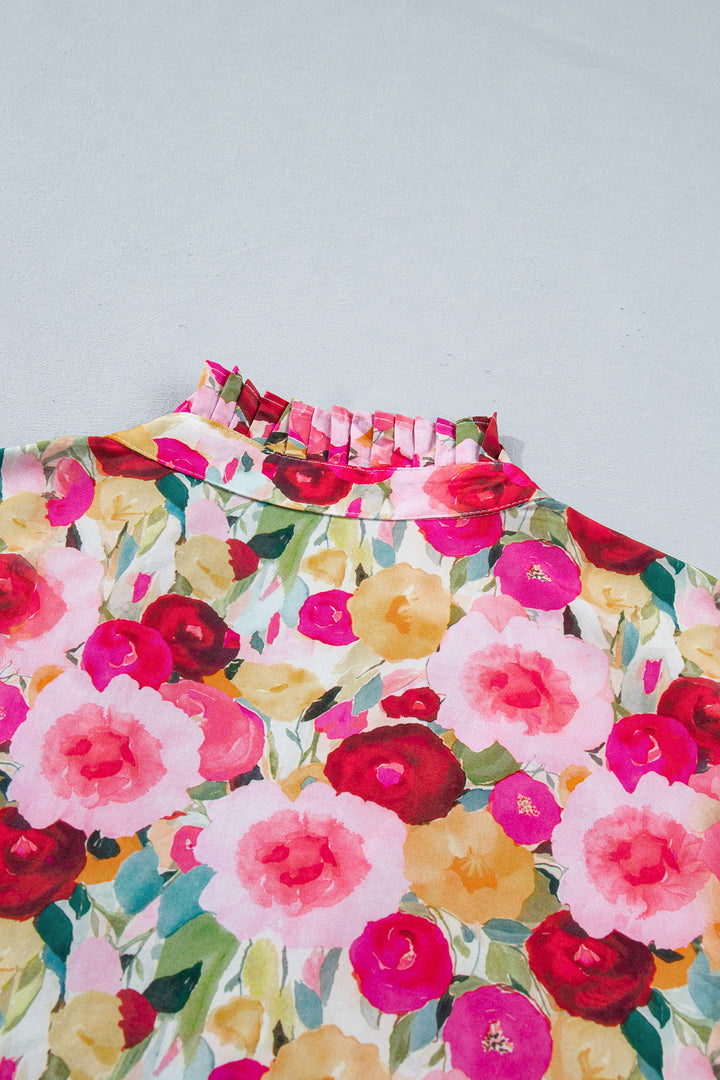 Pink Plus Size Flower Print Split V Neck Puff Short Sleeve Top