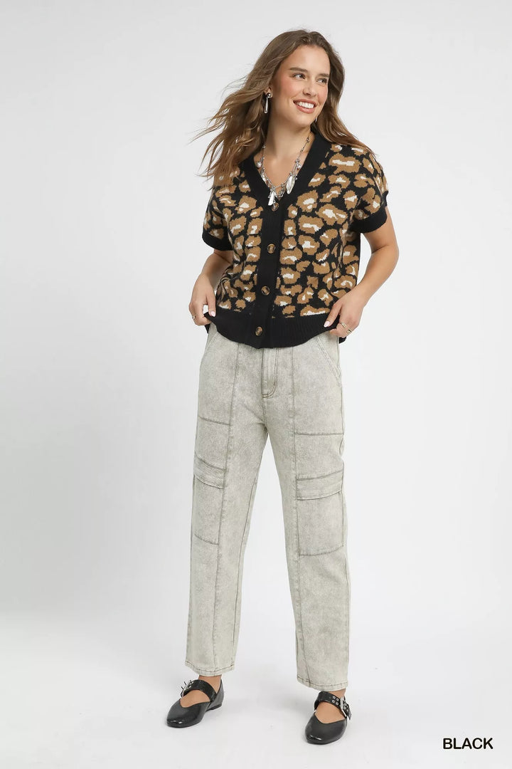 Umgee Leopard Button Down Short Sleeve Cardigan
