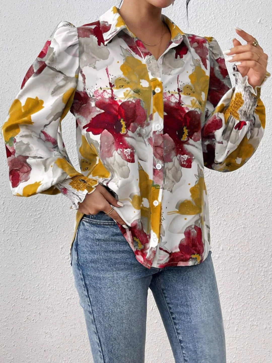 Printed Button Up Lantern Sleeve Shirt