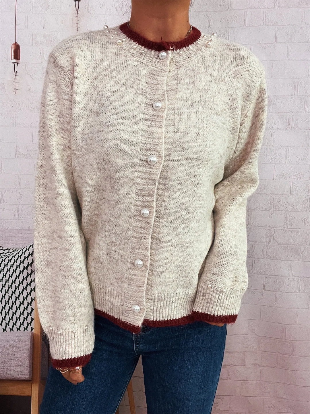 Pearl Embellished Button-Front Cardigan